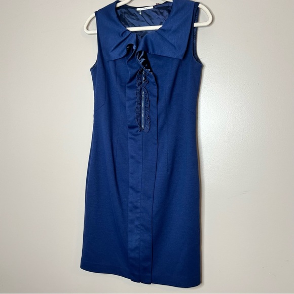 NWOT Tahari Ruffle Collar Neck Sleeveless Knee Length Dress Blue Cocktail Party - Picture 2 of 12